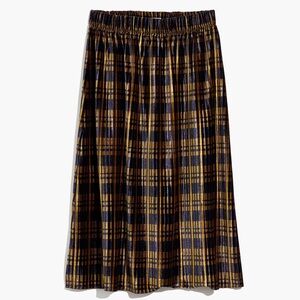 Madewell Pleated Velvet Midi Skirt in Plaid